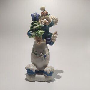 Sparkly Snowman Carrying Christmas Tree Blue Star Figurine White & Blue 6"